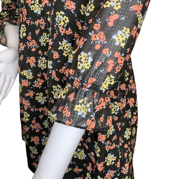 Free People Chiffon Baby Doll Dress Floral 3/4 Sleeve Size 0 Black and R… - Picture 9 of 14